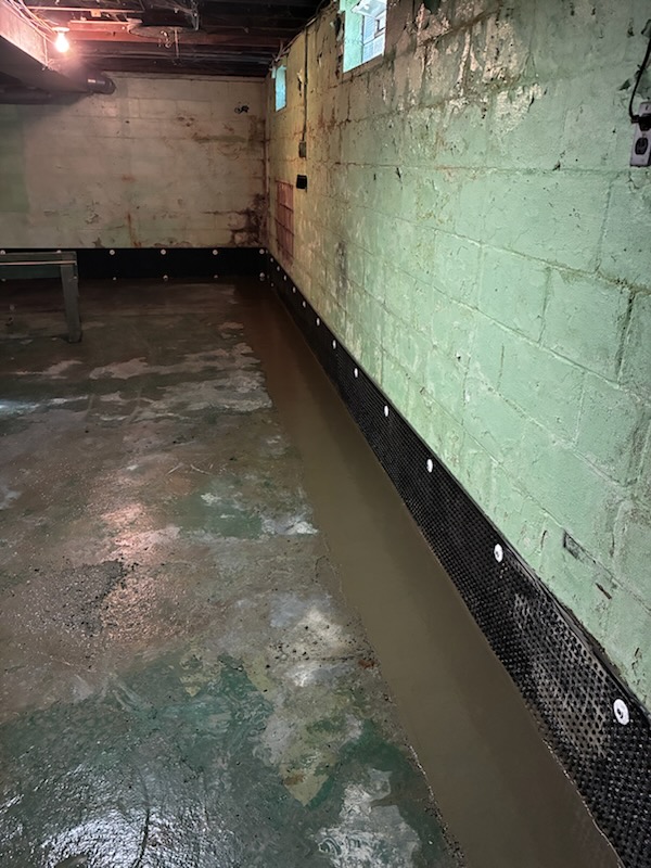 A basement corner showing a new concrete trench along a green painted cinder block wall, with a black dimpled drainage membrane installed for waterproofing installation.